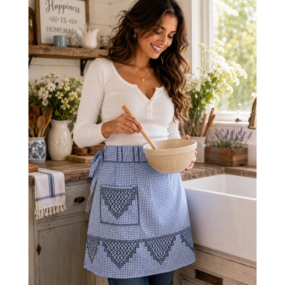 Blue Gingham Half Apron Black Cross Stitch Embroidered Tie Waist Cottagecore